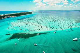 Wide aerial of Crab Island sandbar from above